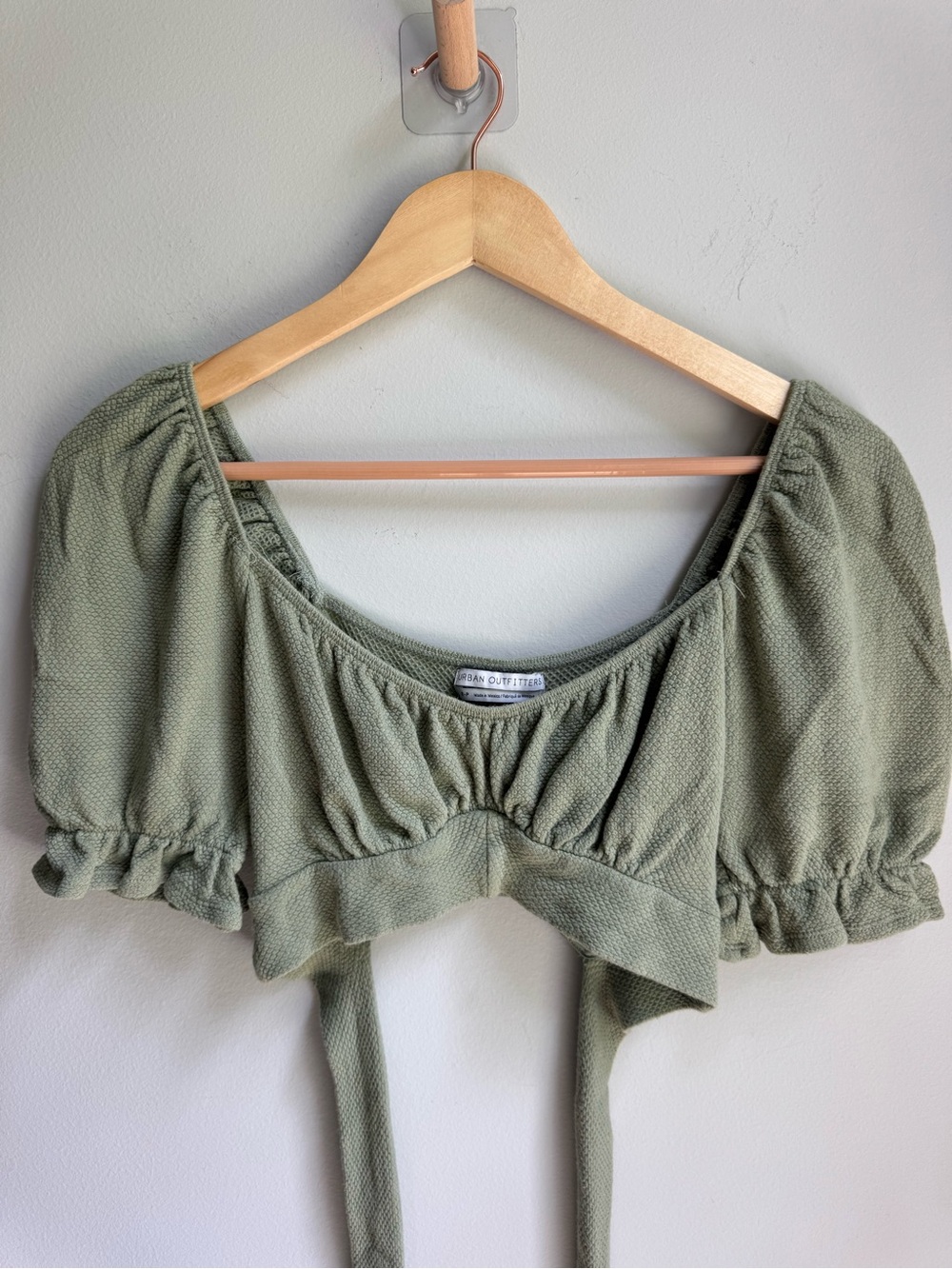 Urban Outfitters Sage Green Puff Sleeve Tie-Front Crop Top